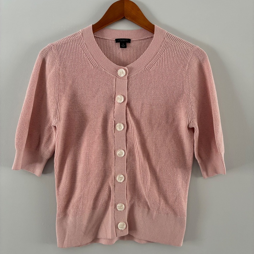 Ann Taylor Factory Wom Pink Ribbed Short Sleeve Button Front Cardigan Sweater M